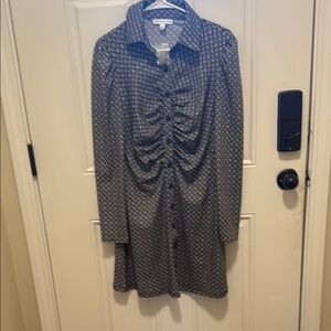 Blue and White Long Sleeve Notched Collar Dress